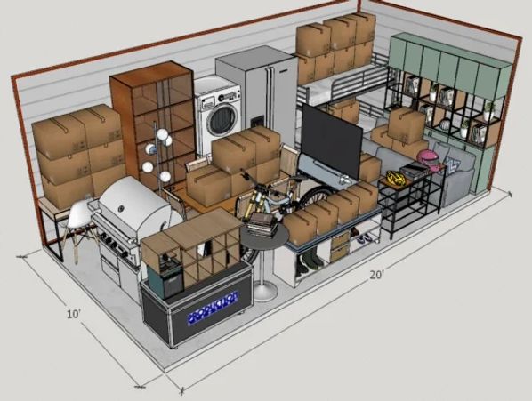 3D layout of a fully packed 10x20 storage unit with boxes and household items.