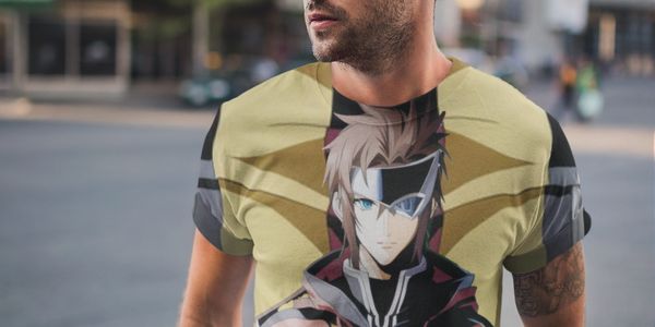 A male model strikes a pose outdoors with on a "Anime Boy All Over Print" T-Shirt