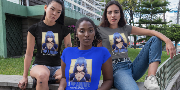 3 Girls with "I Love Anime" Black, Blue, Gray T-Shirts