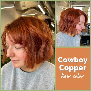 How women applying a brown colour On the hair With text cowboy copper hair colour