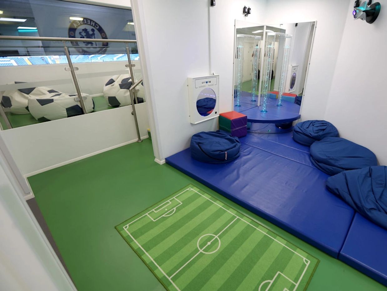 Inside the sensory room at Stamford Bridge. Beanbags, floor mats and sensory lighting features.