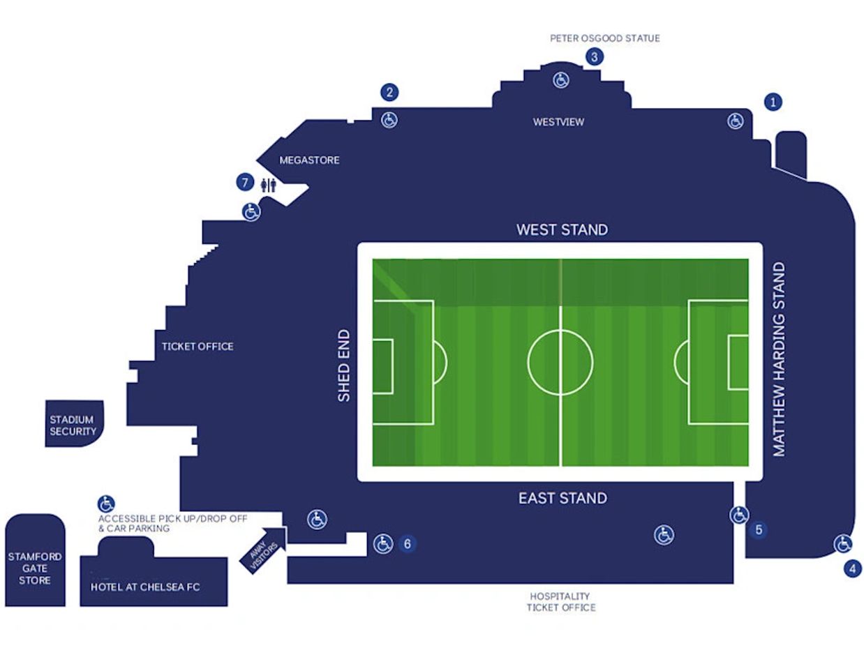 An aerial map of Stamford Bridge with all the accessible entrances listed.