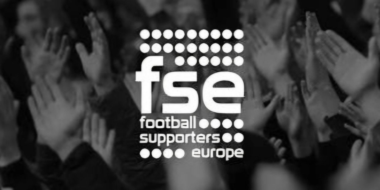 The Football Supporters Europe logo, with a crowd of fans hands behind.