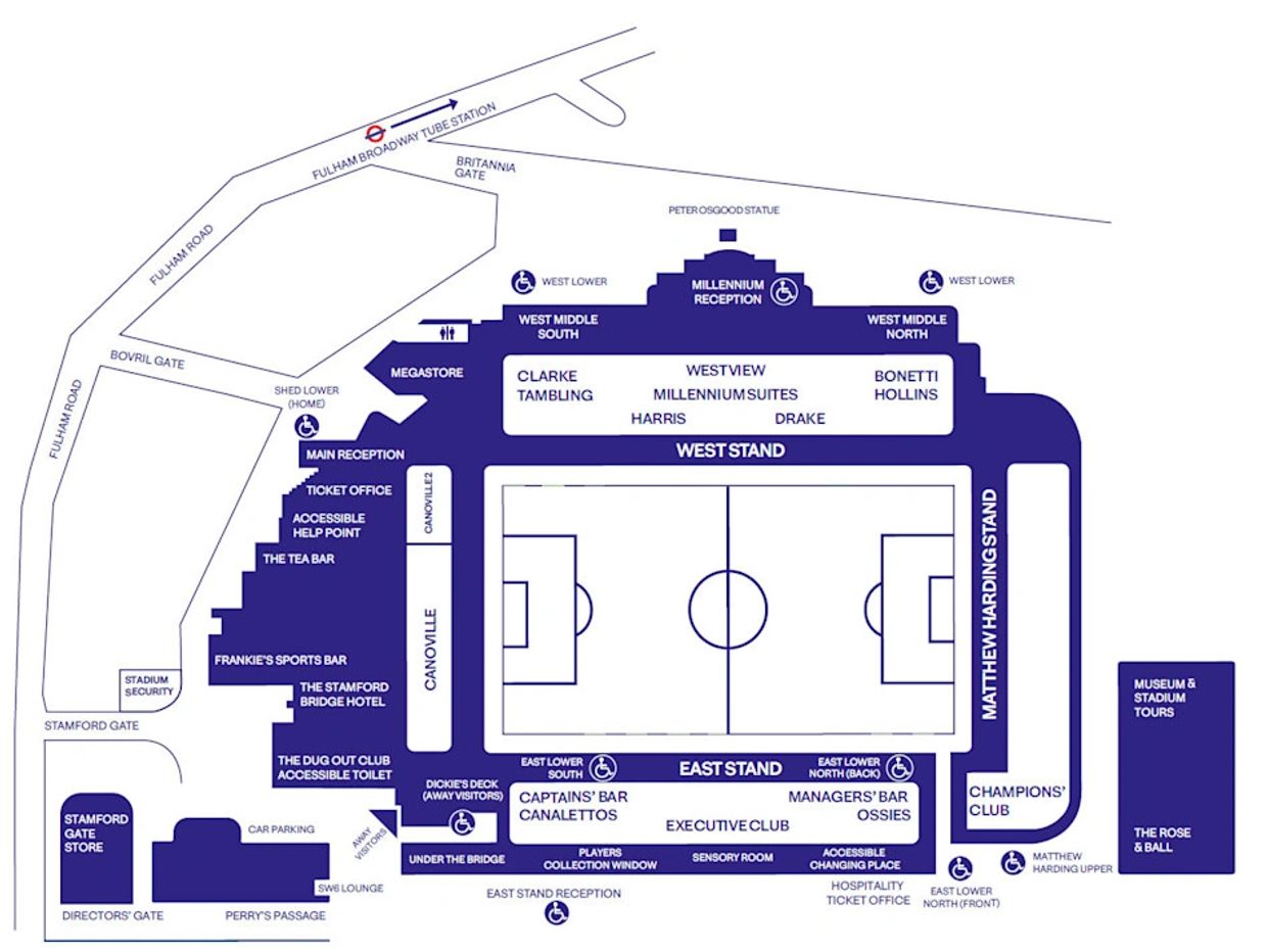 An aerial accessible map of Stamford Bridge.