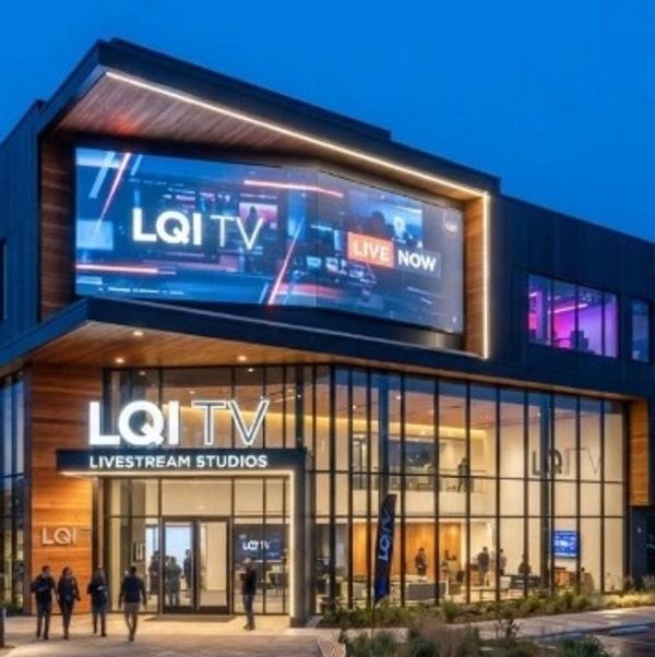 Modern LQI TV Livestream Studios building illuminated at night.
