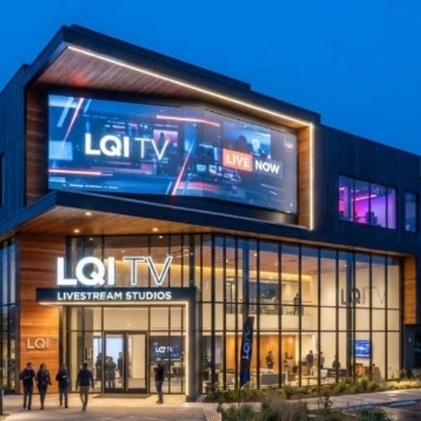 Modern LQI TV Livestream Studios building illuminated at night.