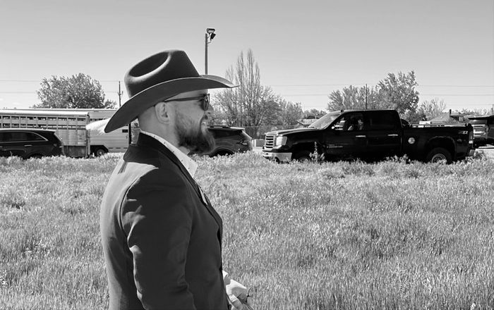 Jesse James Mullen wearing cowboy hat in Miles City Montana before Bucking Horse Sale