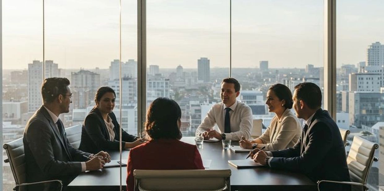 Business professionals having a meeting in a modern office with city views.