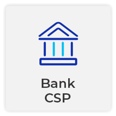 Icon of a blue bank building with pillars and the text 'Bank CSP'.
