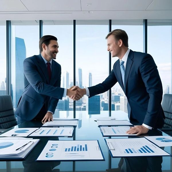 Two businessmen shaking hands in a modern office with financial charts on the table.