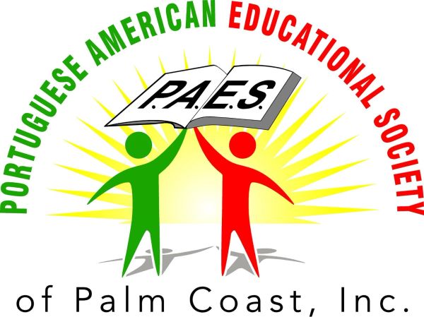 Logo of Portuguese American Educational Society of Palm Coast with two figures holding a book.