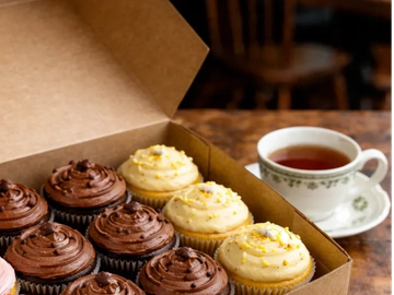 A box of assorted cupcakes with a cup of tea on the side.