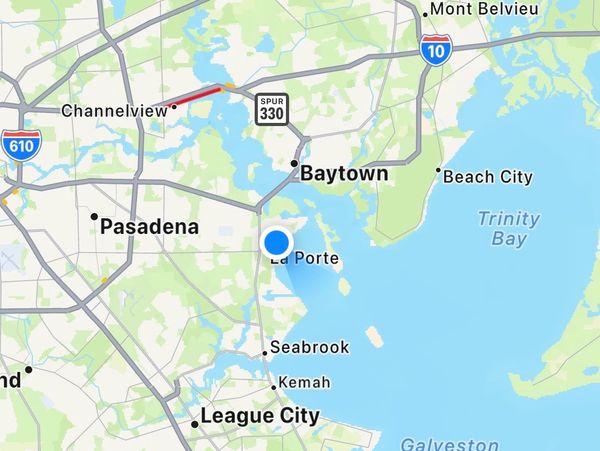 Map showing La Porte area near Baytown and Pasadena in Texas.