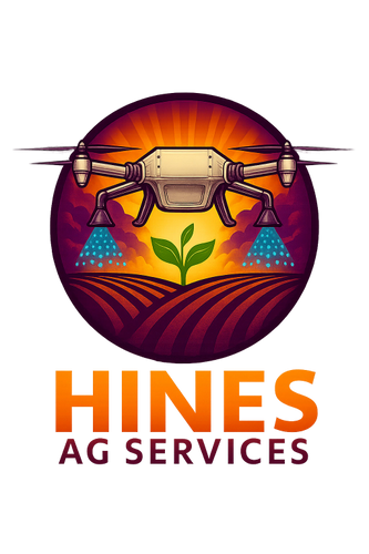 Logo of a drone spraying water over a plant in a farm field at sunset.