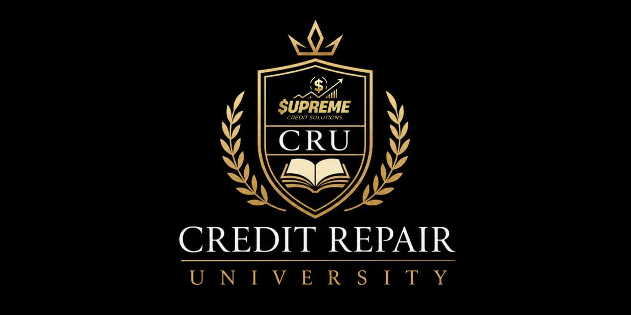 Logo of Credit Repair University with gold and white text on black background.