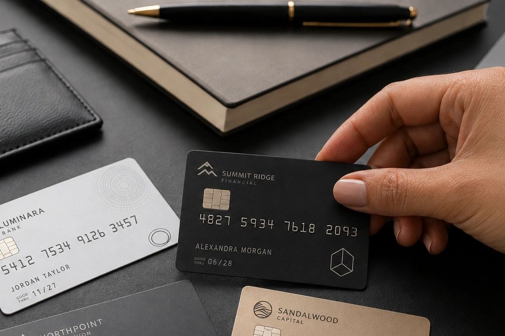 Hand holding a black credit card among other cards on a desk.