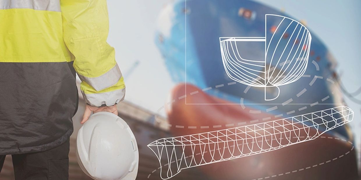 Engineer holding a hard hat with ship design schematics and a ship in the background.