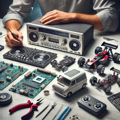 Technician repairing small electronics like a stereo, record player, and RC car on a workbench.
