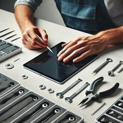 Technician repairing an iPad on a clean workbench, highlighting expert tablet repair services.


