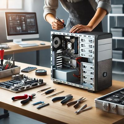 Technician repairing a desktop PC on a clean workbench, showcasing expert computer repair services

