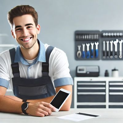 Friendly technician at a clean repair counter, ready to assist with device repairs in Mesquite. 