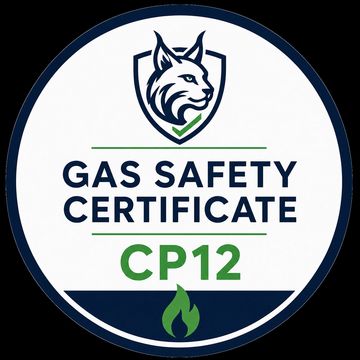 Logo for a gas safety certificate labeled CP12 with a wolf emblem and flame symbol.