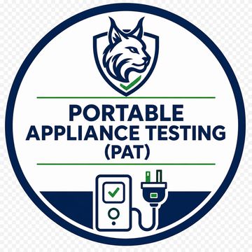 Logo for Portable Appliance Testing featuring a lynx and testing device.
