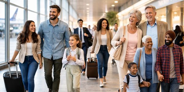 A bright, modern airport scene reflecting safe, seamless, and inclusive travel for every traveler.