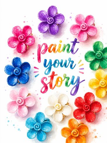 Colorful flowers surrounding the phrase 'paint your story' in vibrant watercolor.