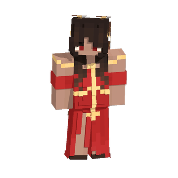 Minecraft character with long brown hair in a red and gold outfit.