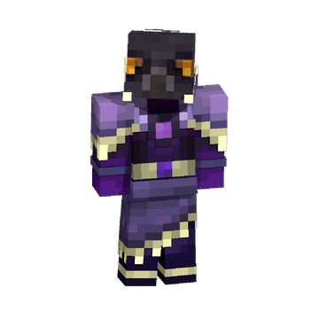 Minecraft character wearing dark purple armor with glowing orange eyes.