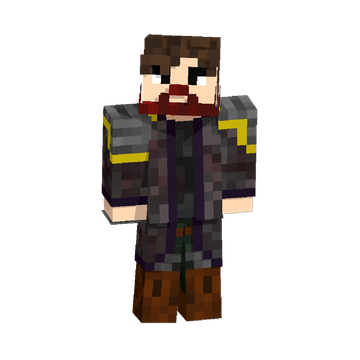 Minecraft character with brown hair and beard in dark clothes.