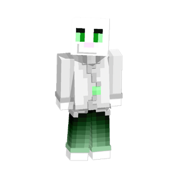 Minecraft character with green eyes and gradient green pants.