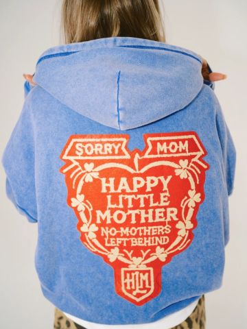 Blue hoodie with a colorful 'Sorry Mom' and 'Happy Little Mother' design on the back.