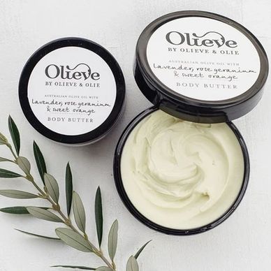 Olieve &amp; Olie body butter with lavender, rose geranium, and sweet orange scent.