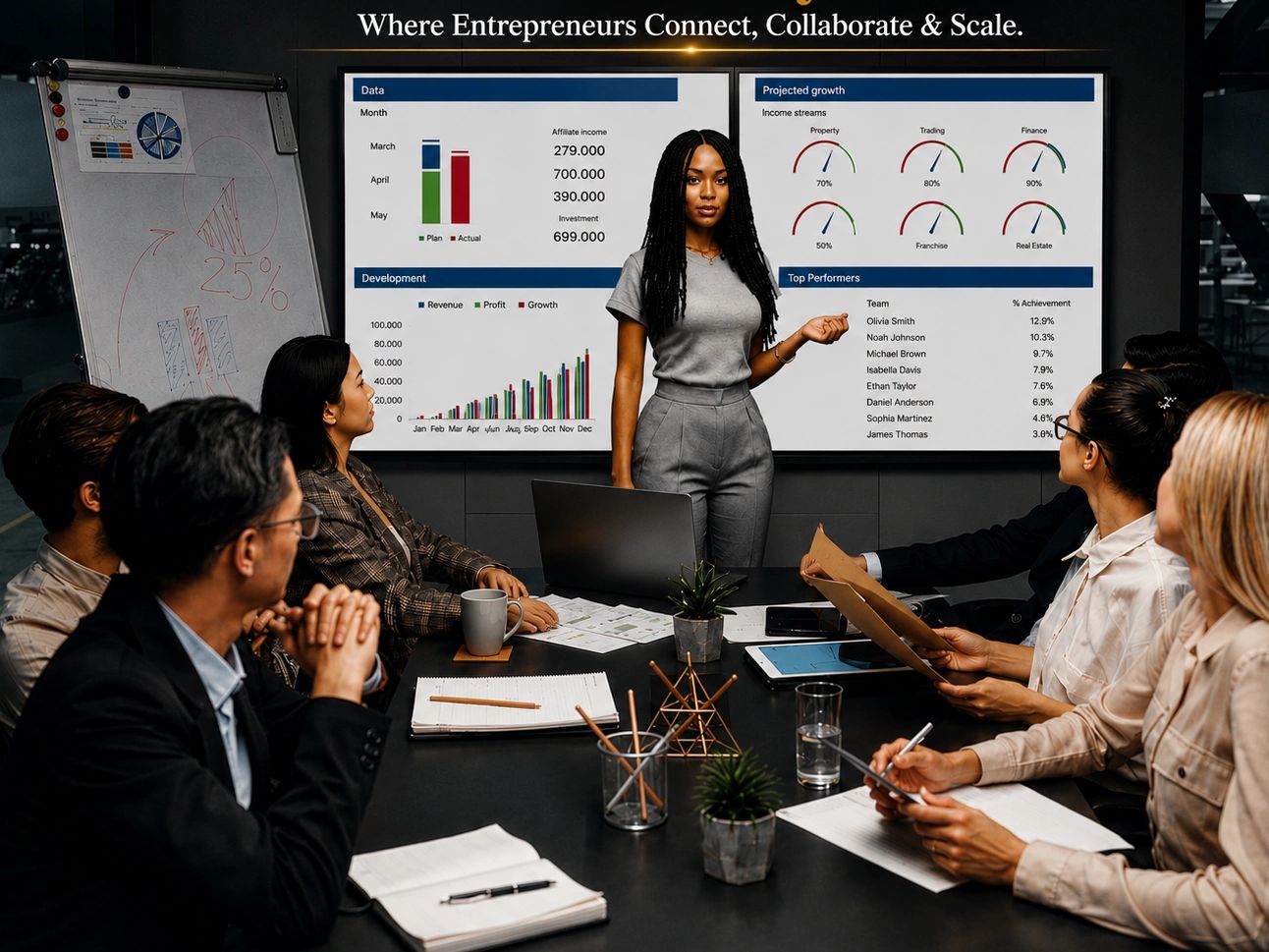 A woman presents business data to a group of colleagues in a meeting room.
