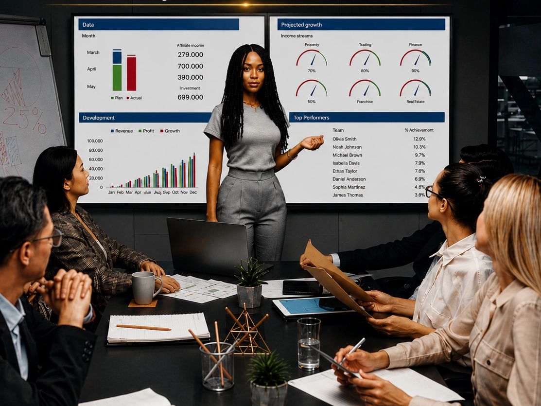 A woman presents business growth data to attentive colleagues in a modern meeting room.