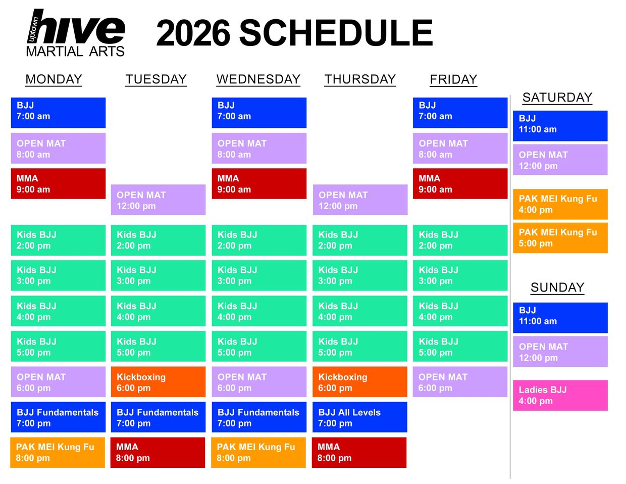 BJJ Monday to Thursday 7pm
Kickboxing Tuesday Thursday 6pm
Kung Fu Monday Wednesday 8pm
