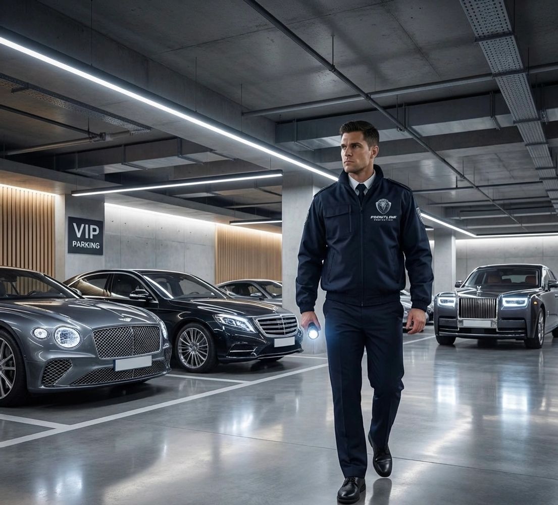 Security guard patrolling a luxury car VIP parking area in an underground garage.