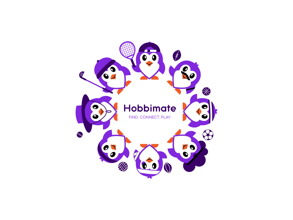 A circle of penguins all doing different hobbies