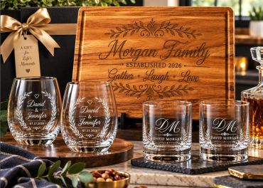 Personalized family and couple engraved glassware and wooden plaque.