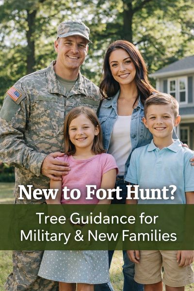 Military family standing in front of a Fort Hunt home with mature trees, representing new residents 
