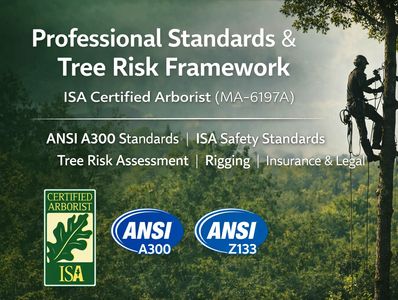 ISA Certified Arborist tree risk framework with ANSI A300 and Z133 safety standards.