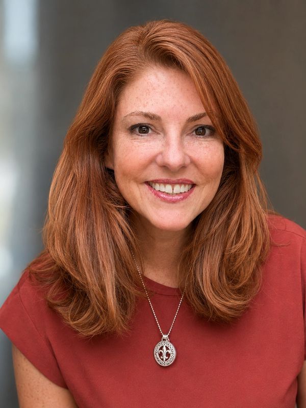Smiling woman with red hair wearing a pendant necklace and red top.