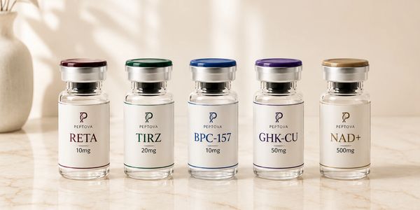 Five labeled peptide vials on a marble surface with soft lighting.
