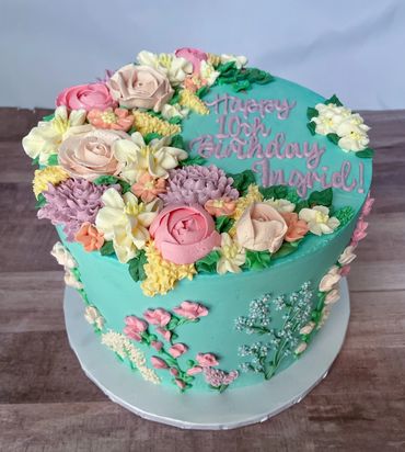 Spring Floral Teal Birthday Cake