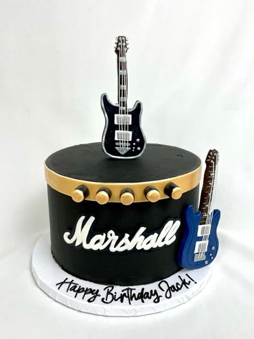 Guitar Themed 21st Birthday Cake with Guitars, and Amplifier. 