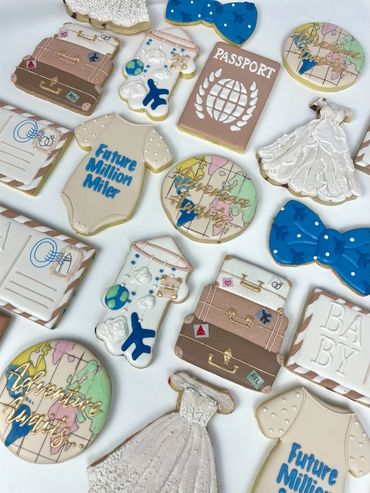 Joint Wedding Shower Cookies with Suitcase, Passport, Globe, Post Card, Wedding Dress and Bow Tie