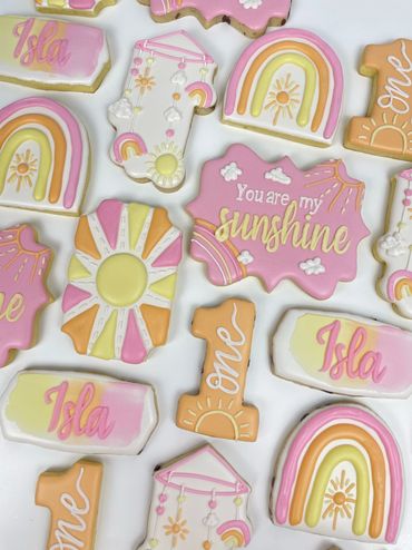 You Are My Sunshine Pink, Yellow, and Orange 1st Birthday Cookies. Sunshine, Clouds Mobile, Rainbow 