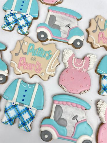 Pink and Blue Golf Cart, and Onesie Cookies for a Gender Reveal